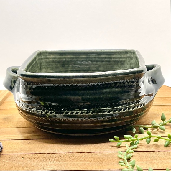 Handmade Dark Green Ceramic Stoneware Serving Bowl Pottery